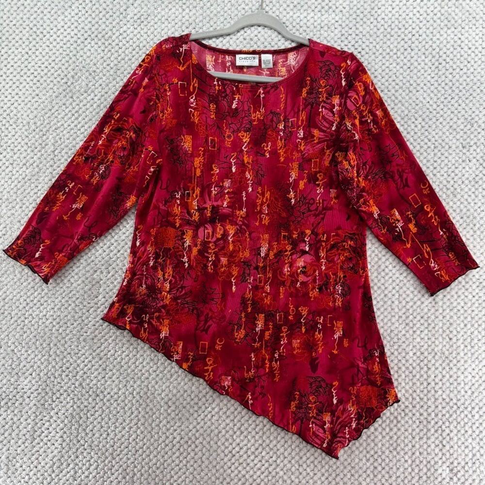 Chicos Top Womens 2 L/12 Red Floral Asian Font Asymmetrical Hem Crew Neck